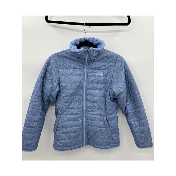 The North Face Reversible Mossbud Swirl Jacket Blue Powder Blue Girls Sz Large - Picture 1 of 13